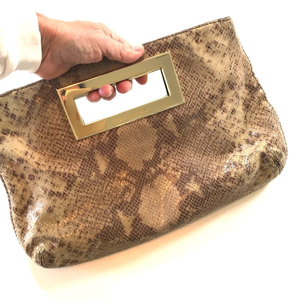 Michael Kors Python Snakeskin Embossed Genuine Leather Berkeley Clutch Bag Purse